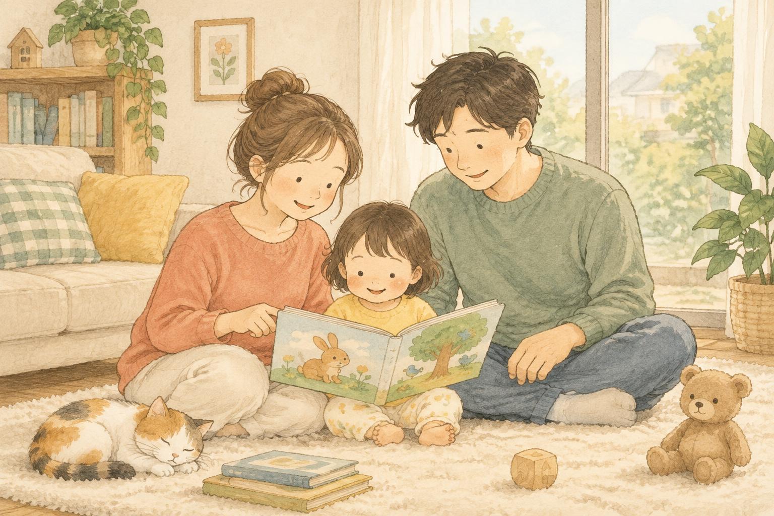 明るいリビングで絵本を楽しむ家族のイラスト