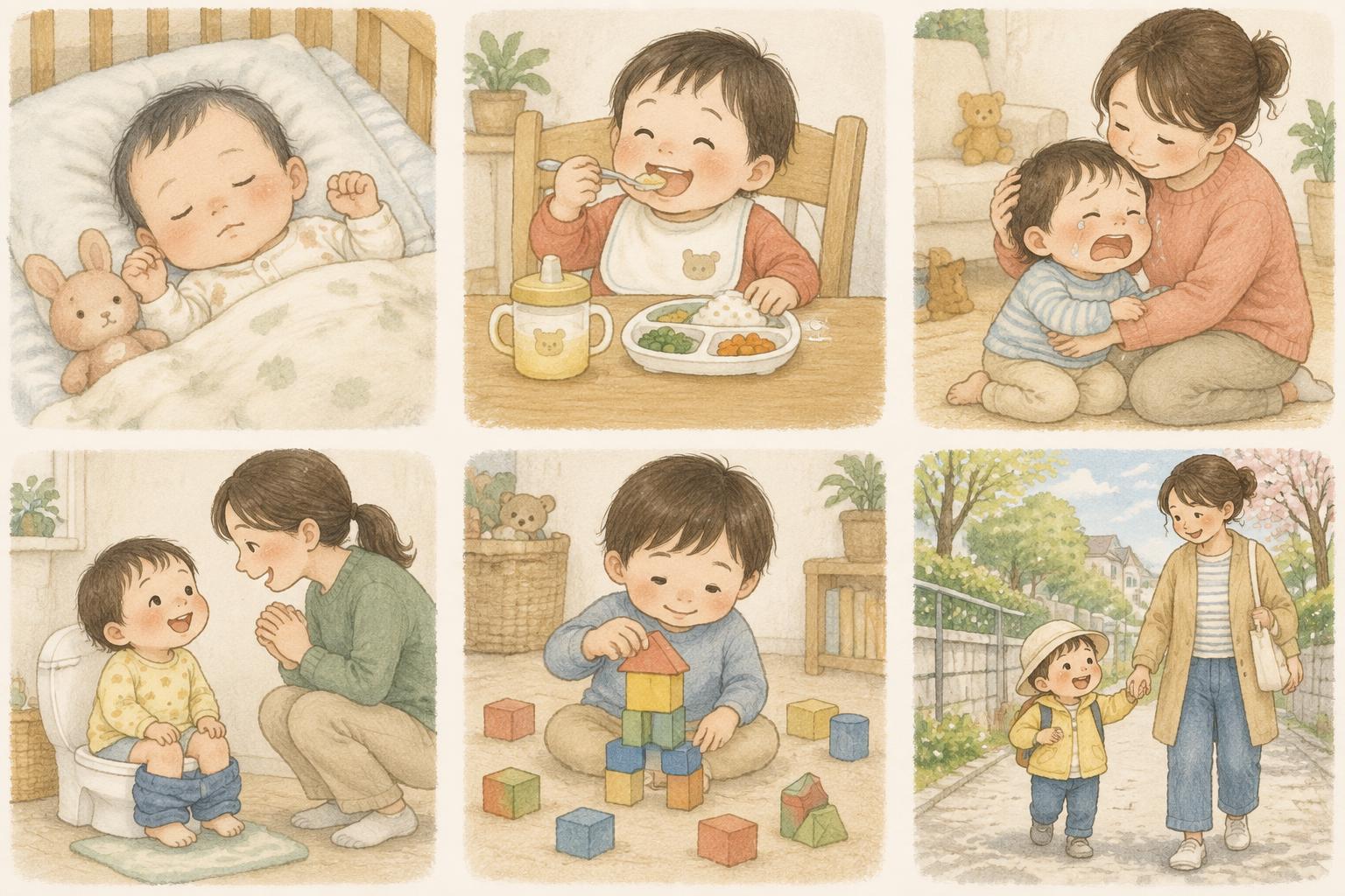 寝かしつけ、みんなどうしてる?の親子イラスト